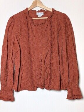 Calypso St. Barth Rust Eyelet Button-Up Blouse Cotton Size XL